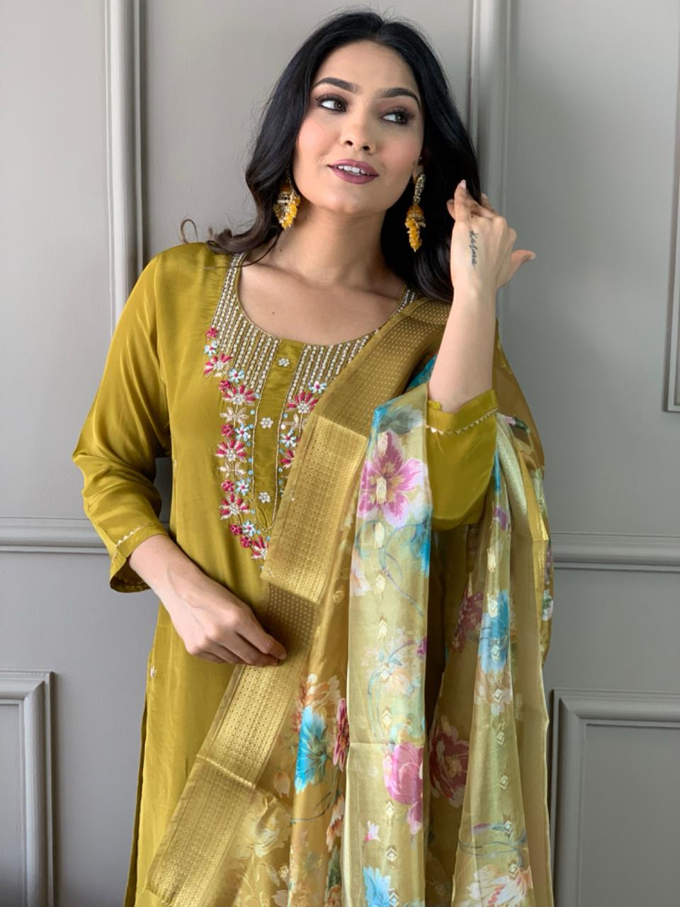 YELLOW GREEN COLOURED WOMEN'S VISCOSE CHANDERI KURTA WITH PANT DUPATTA SET