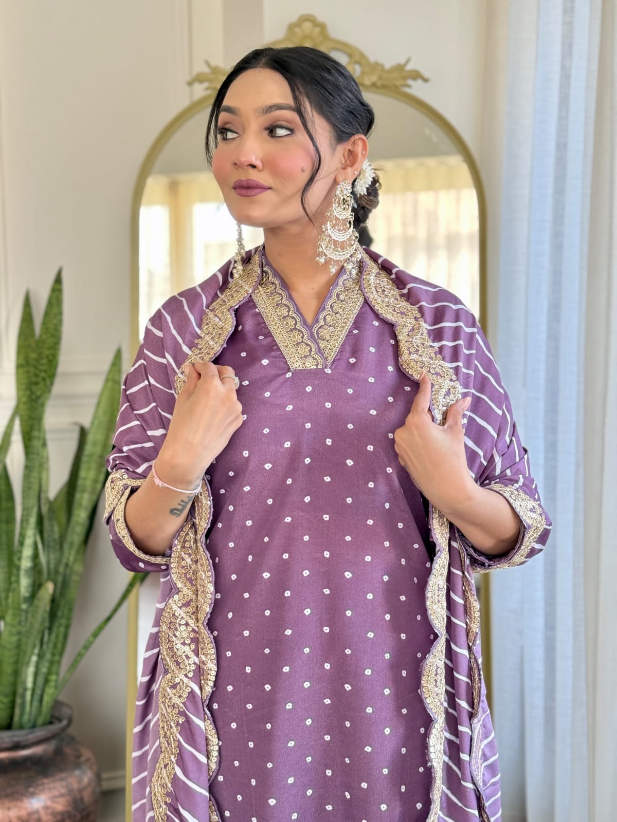 PURPLE COLOURED WOMEN'S REYON EMBROIDERED KURTA WITH PANT DUPATTA SET