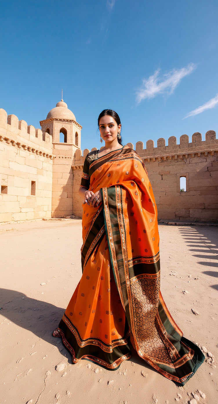 THE BANARASI SAREEIS MADE UP OF SILK THREADS WOVEN USING