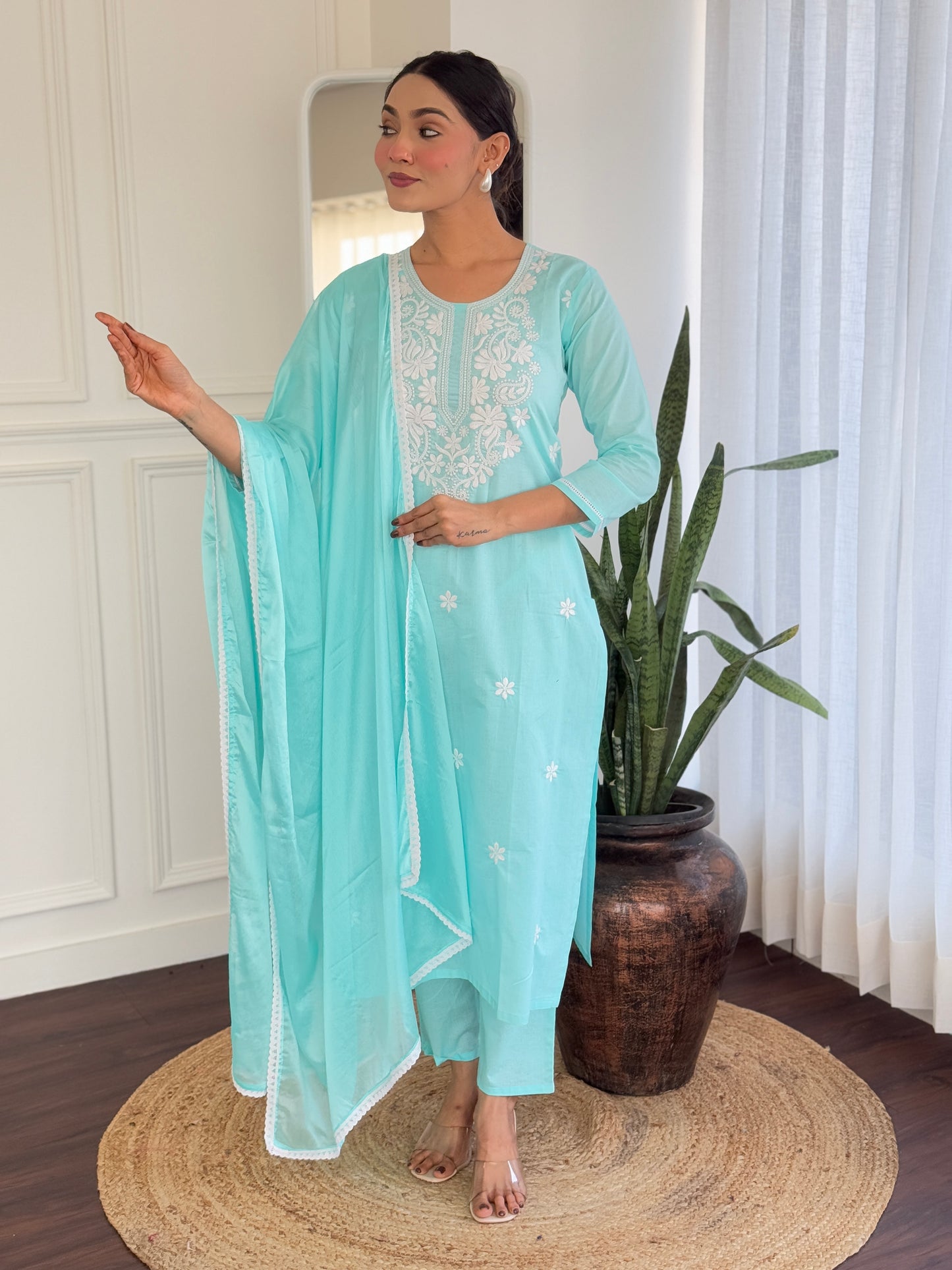 SKY COLOURED WOMEN'S PURE COTTON KURTA WITH PANT DUPATTA SET