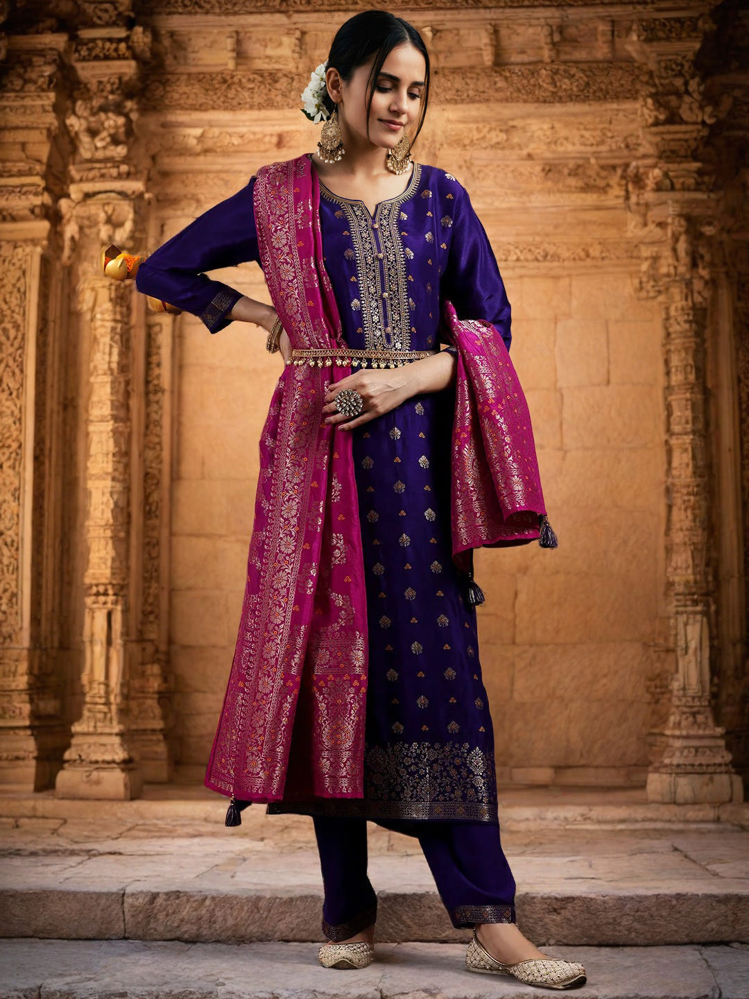 PURPLE COLOURED WOMEN'S SILK KURTA WITH DUPATTA SET