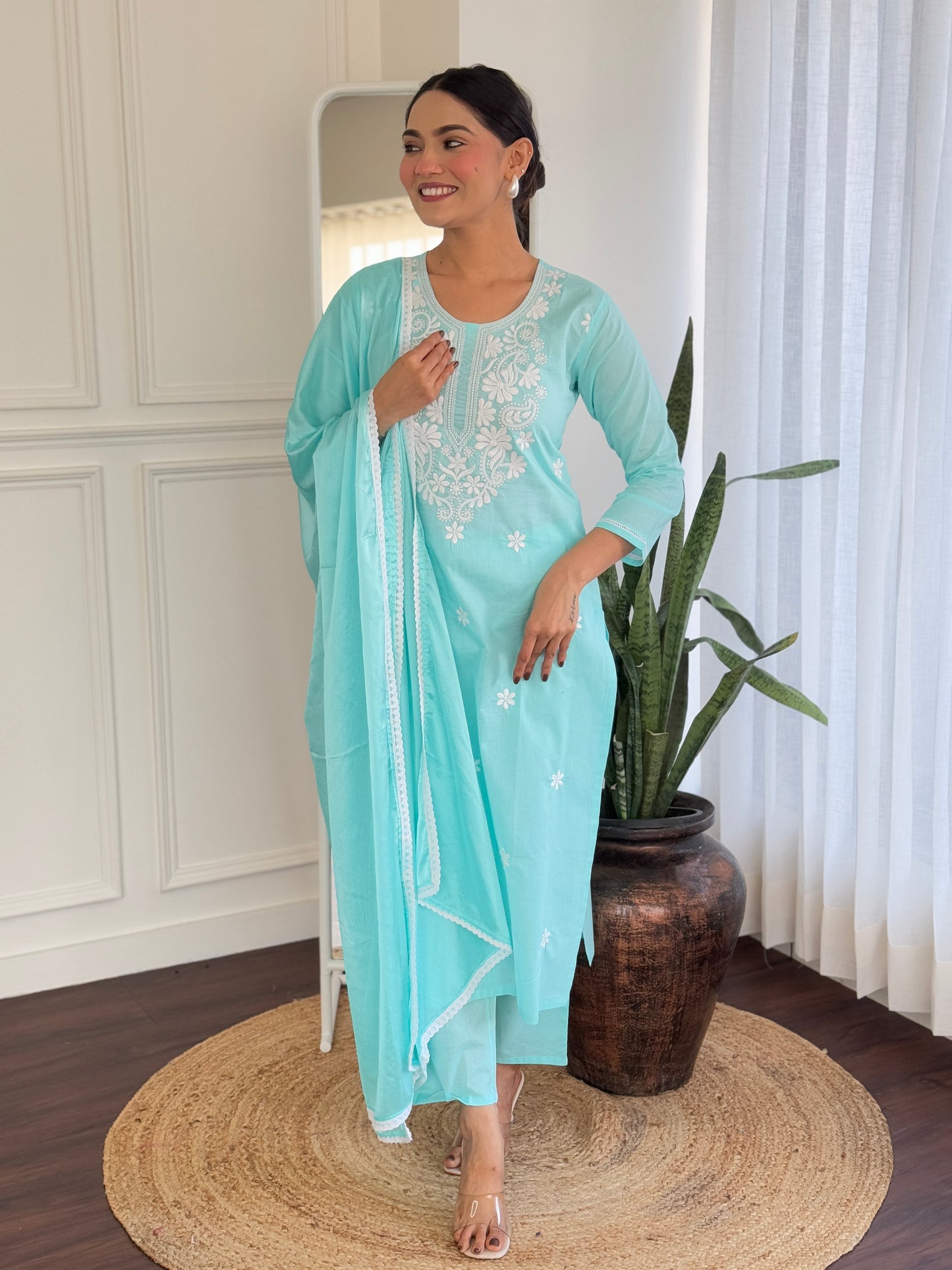 SKY COLOURED WOMEN'S PURE COTTON KURTA WITH PANT DUPATTA SET