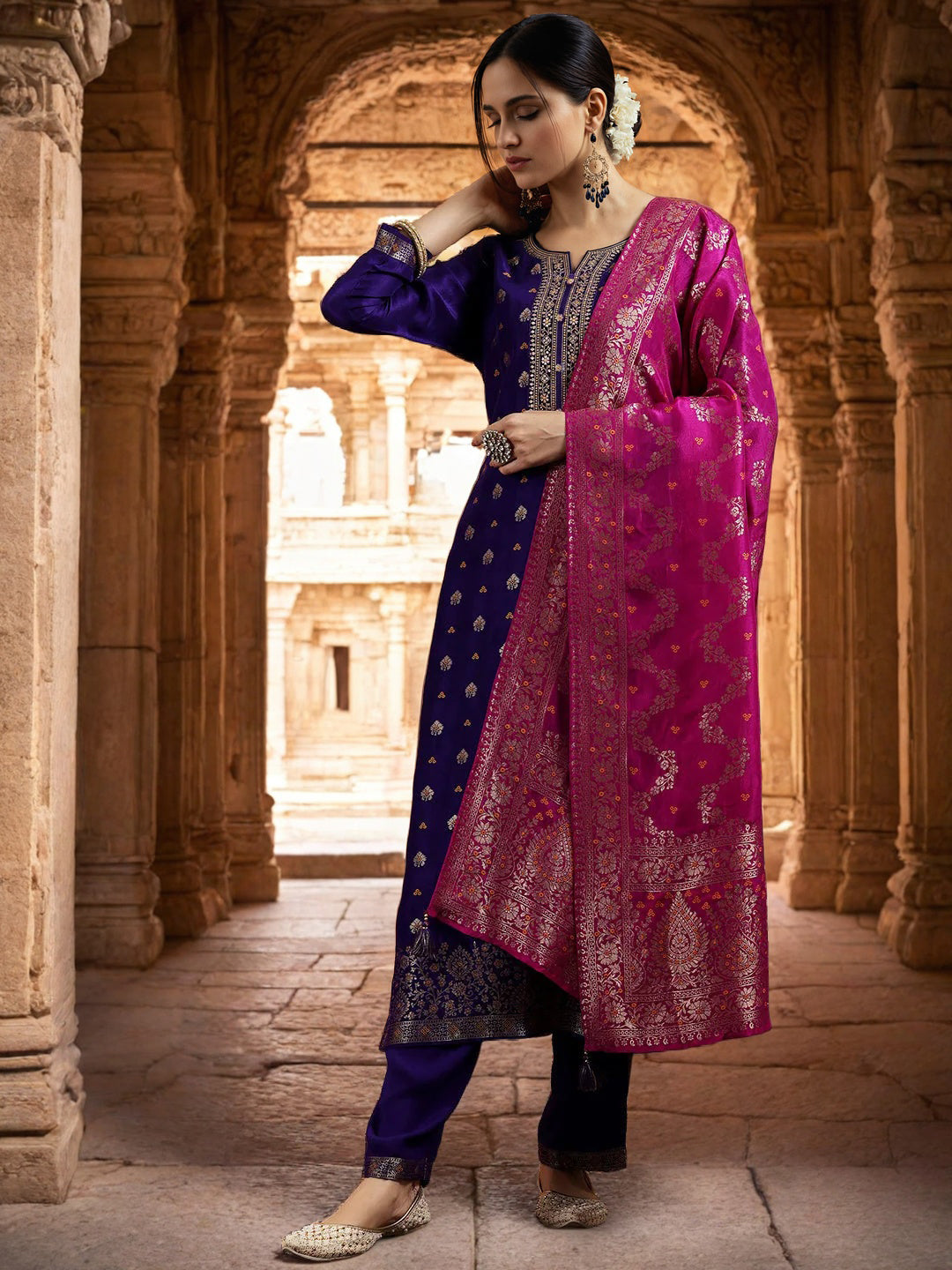 PURPLE COLOURED WOMEN'S SILK KURTA WITH DUPATTA SET