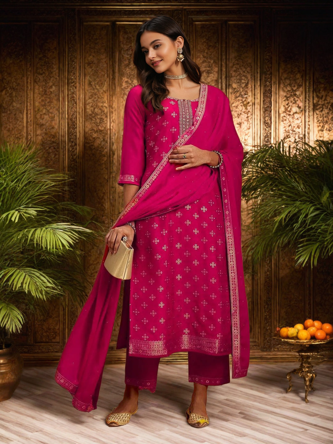 PINK COLOURED WOMEN'S SILK KURTA WITH DUPATTA SET