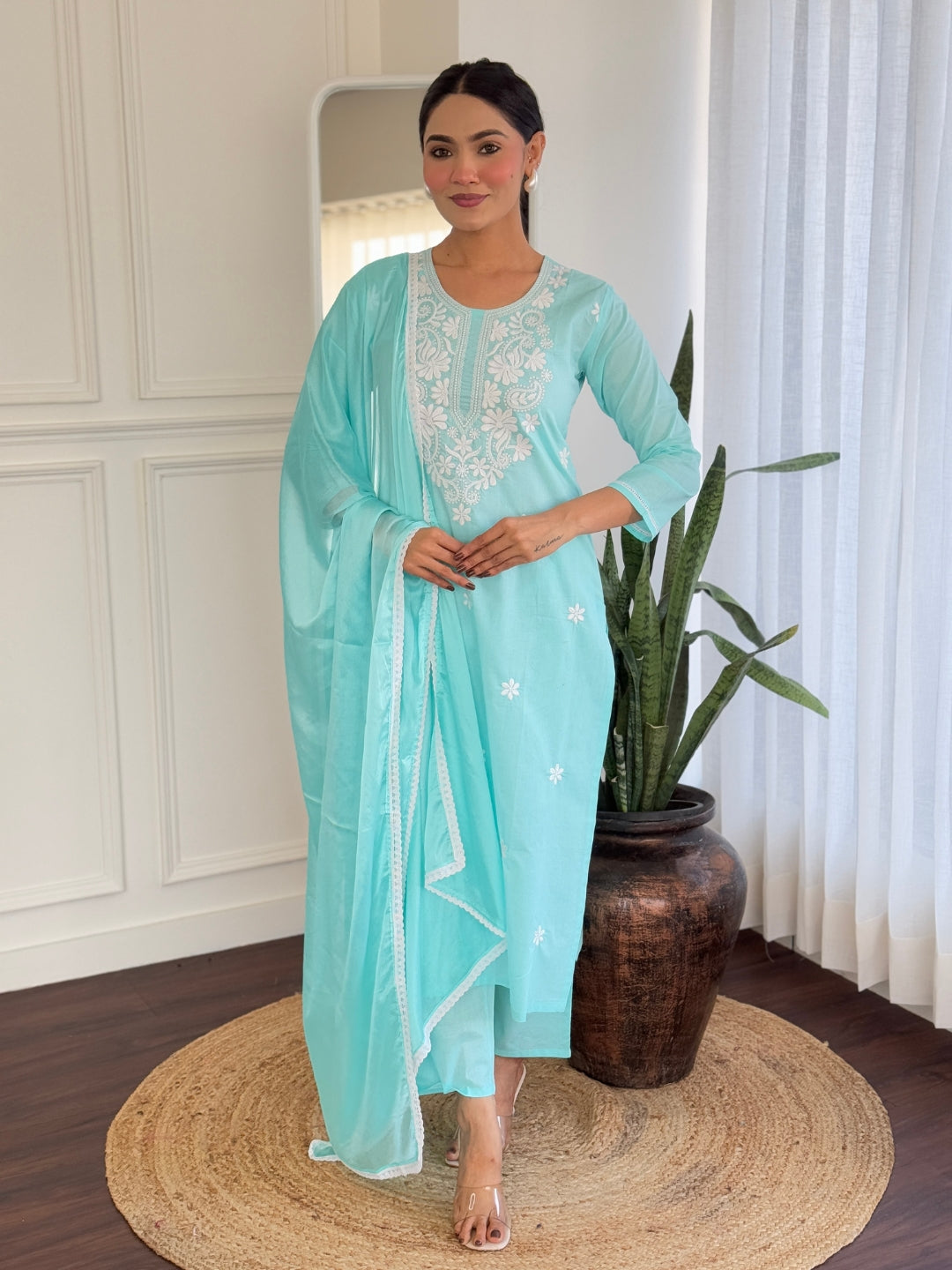 SKY COLOURED WOMEN'S PURE COTTON KURTA WITH PANT DUPATTA SET