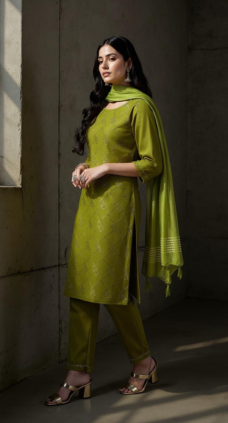 GREEN COLOURED WOMEN'S RAYON KURTA WITH DUPATTA SET