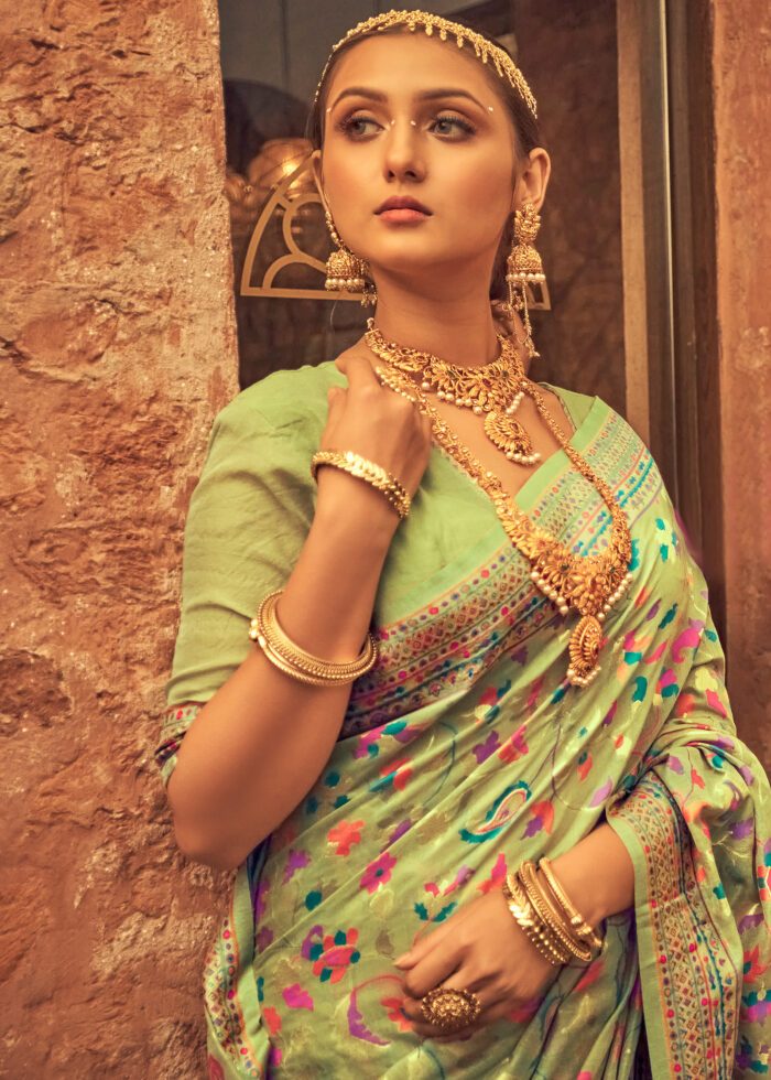 Kashmiri Weaving Multiple color thread weaving pure zari weaving Pista coloured saree