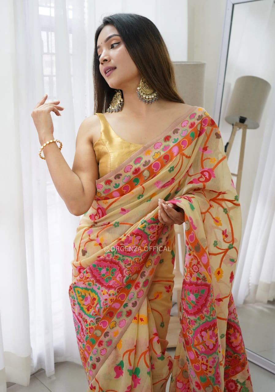 KASHMIRI WEAVING MULTIPLE COLOR THREAD WEAVING PURE ZARI WEAVING LIGHT YELLOW