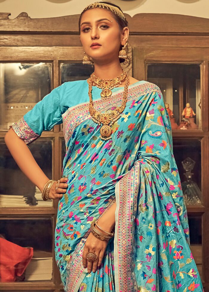 Kashmiri Weaving Multiple color thread weaving pure zari weaving Firozi coloured saree