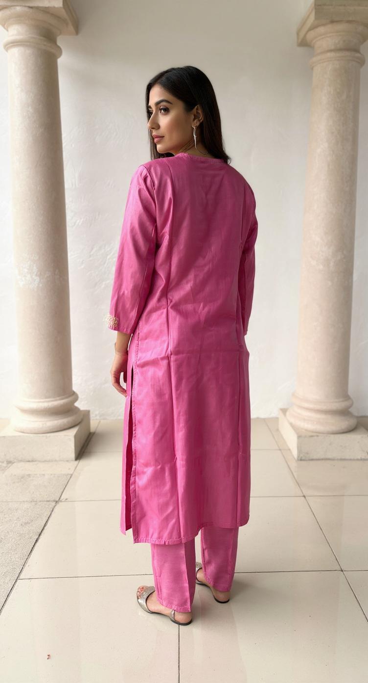 PINK COLOURED WOMEN'S POLYSTER KURTA WITH DUPATTA SET