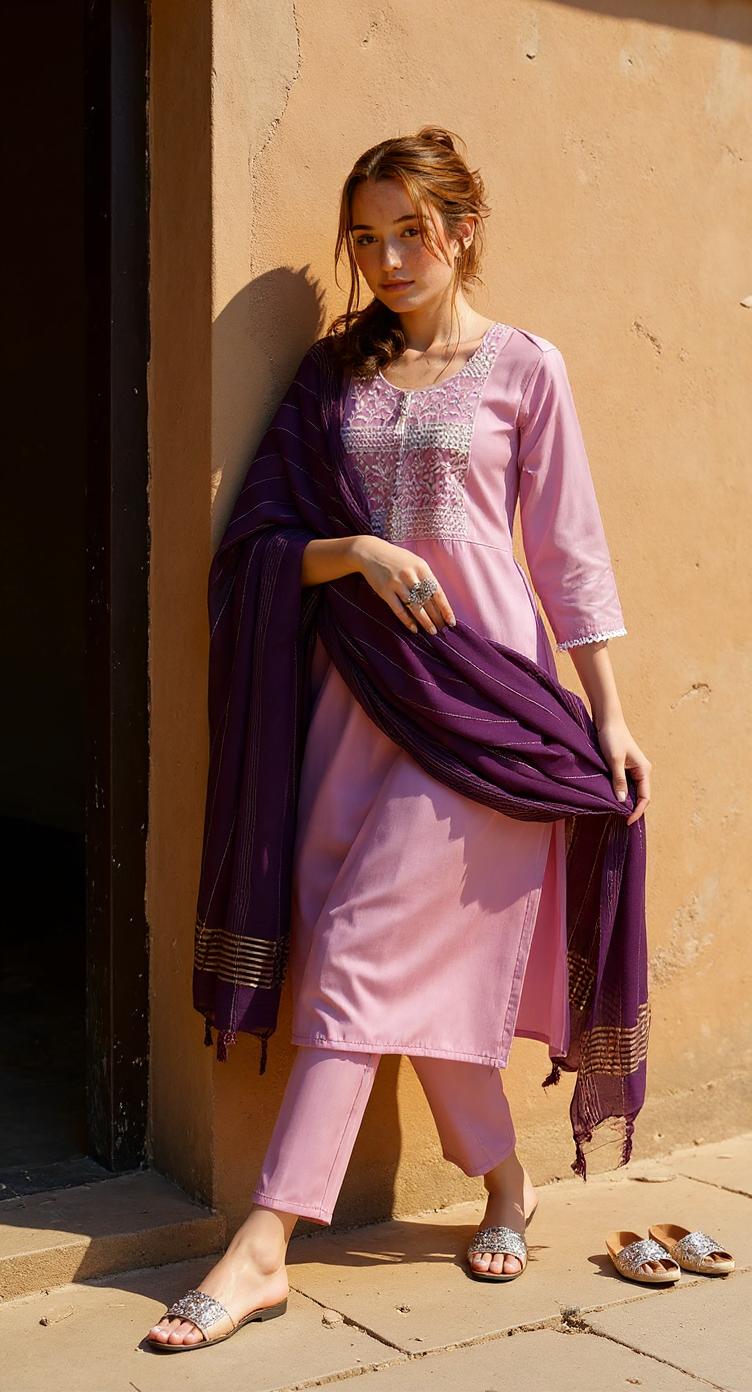 LAVENDER COLOURED WOMEN'S POLYSETER KURTA WITH DUPATTA SET