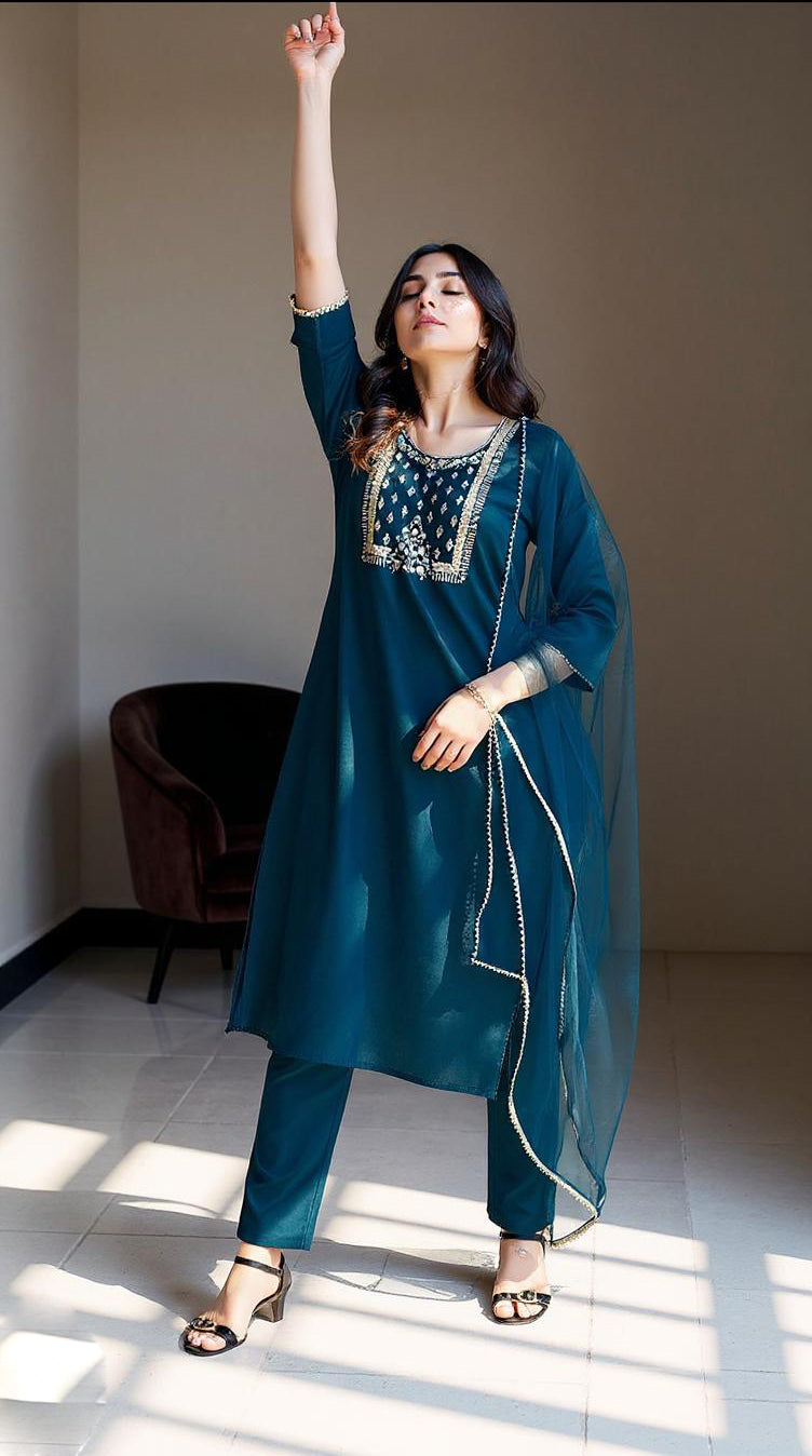 BLUE COLOURED WOMEN'S VISCOSE RAYON KURTA WITH DUPATTA SET
