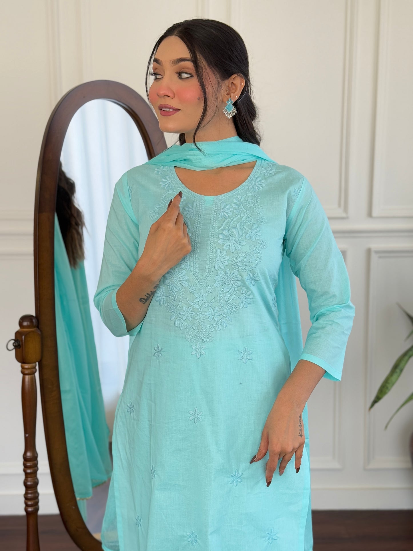 SKY COLOURED WOMEN'S PURE COTTON KURTA WITH PANT DUPATTA SET