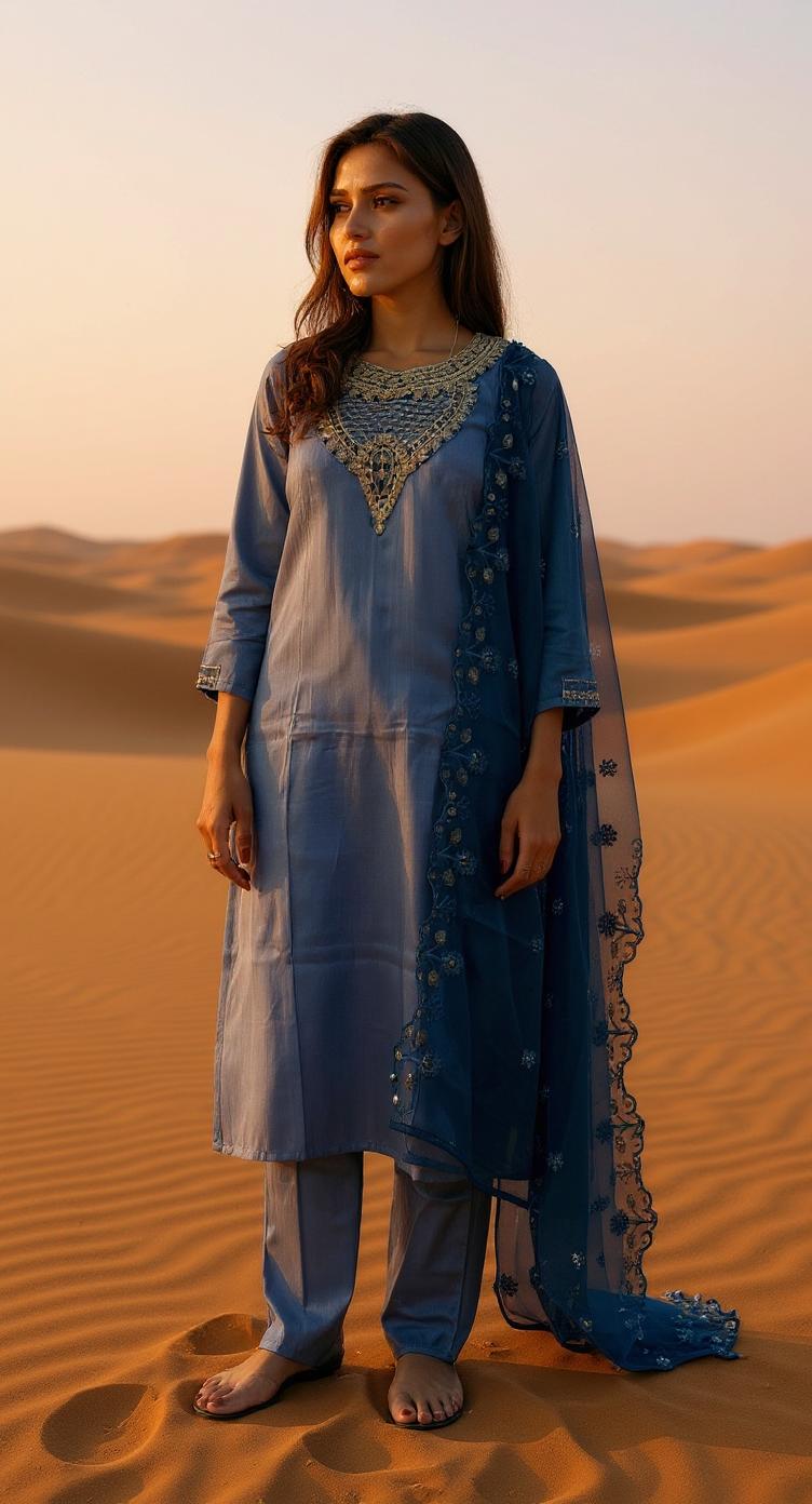 BLUE COLOURED WOMEN'S POLYSTER KURTA WITH DUPATTA SET