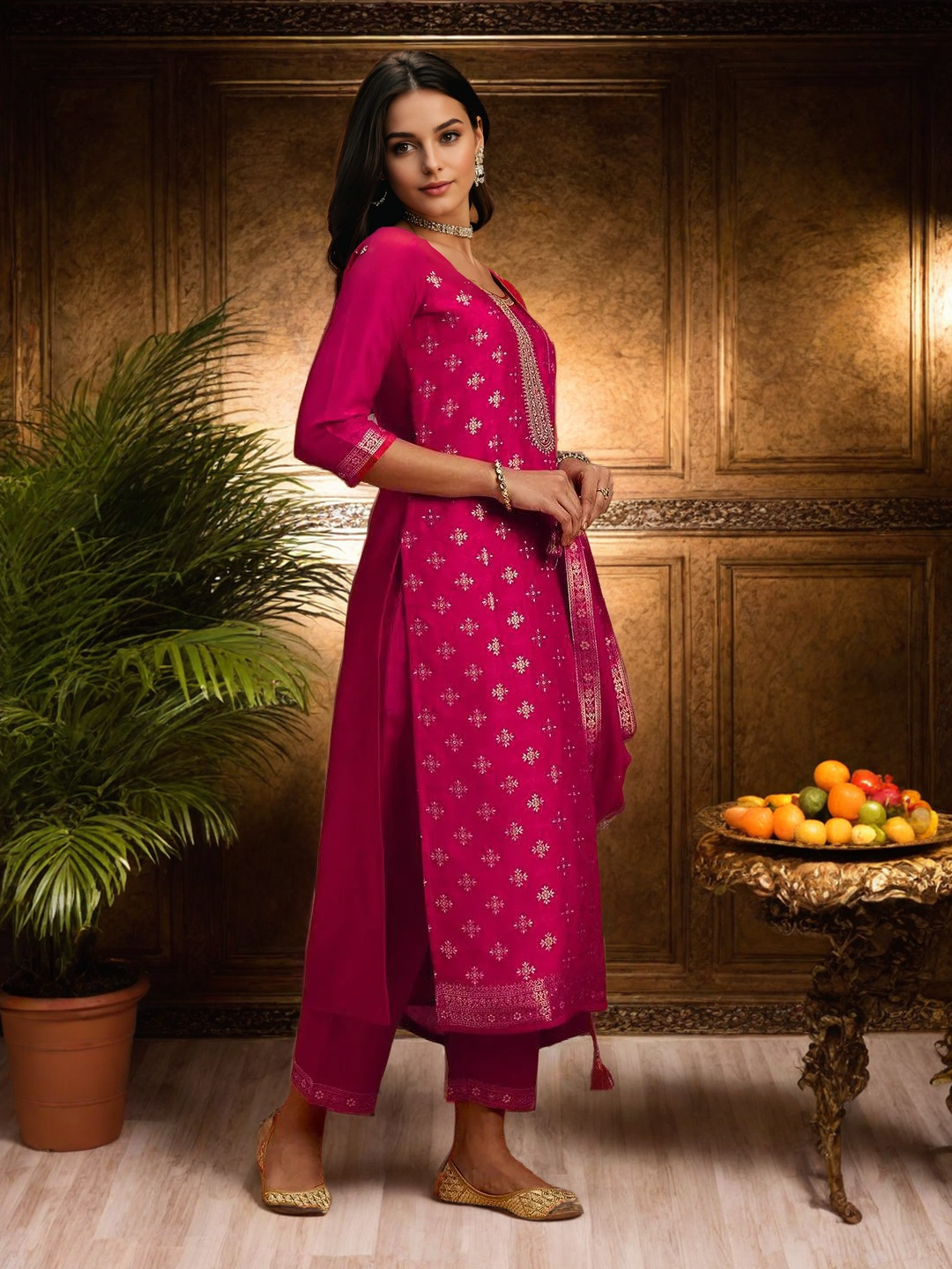PINK COLOURED WOMEN'S SILK KURTA WITH DUPATTA SET