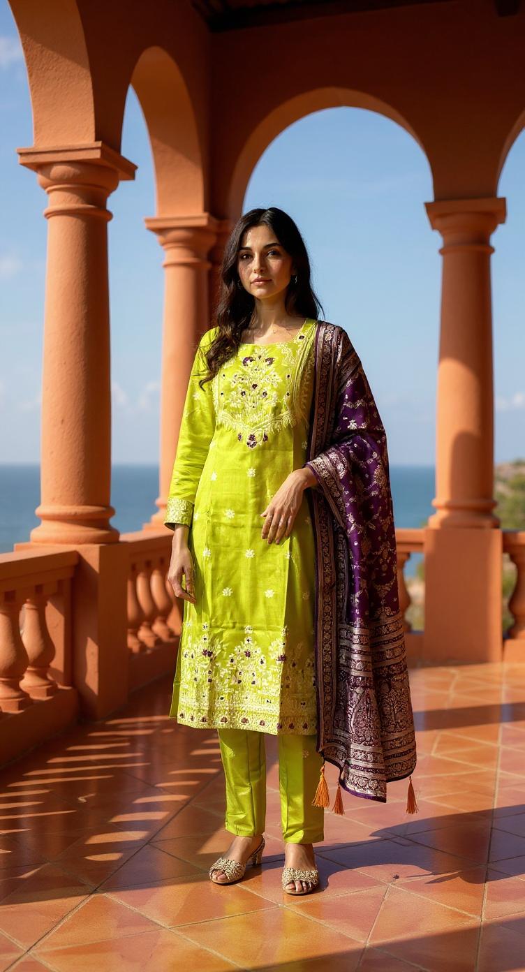 LIME GREEN COLOURED WOMEN'S POLYSTER KURTA WITH DUPATTA SET