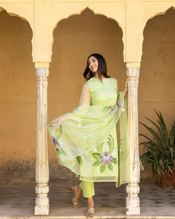 Beautifull Organza tabby Fabriced Hand Printed Demanding Kurta Set