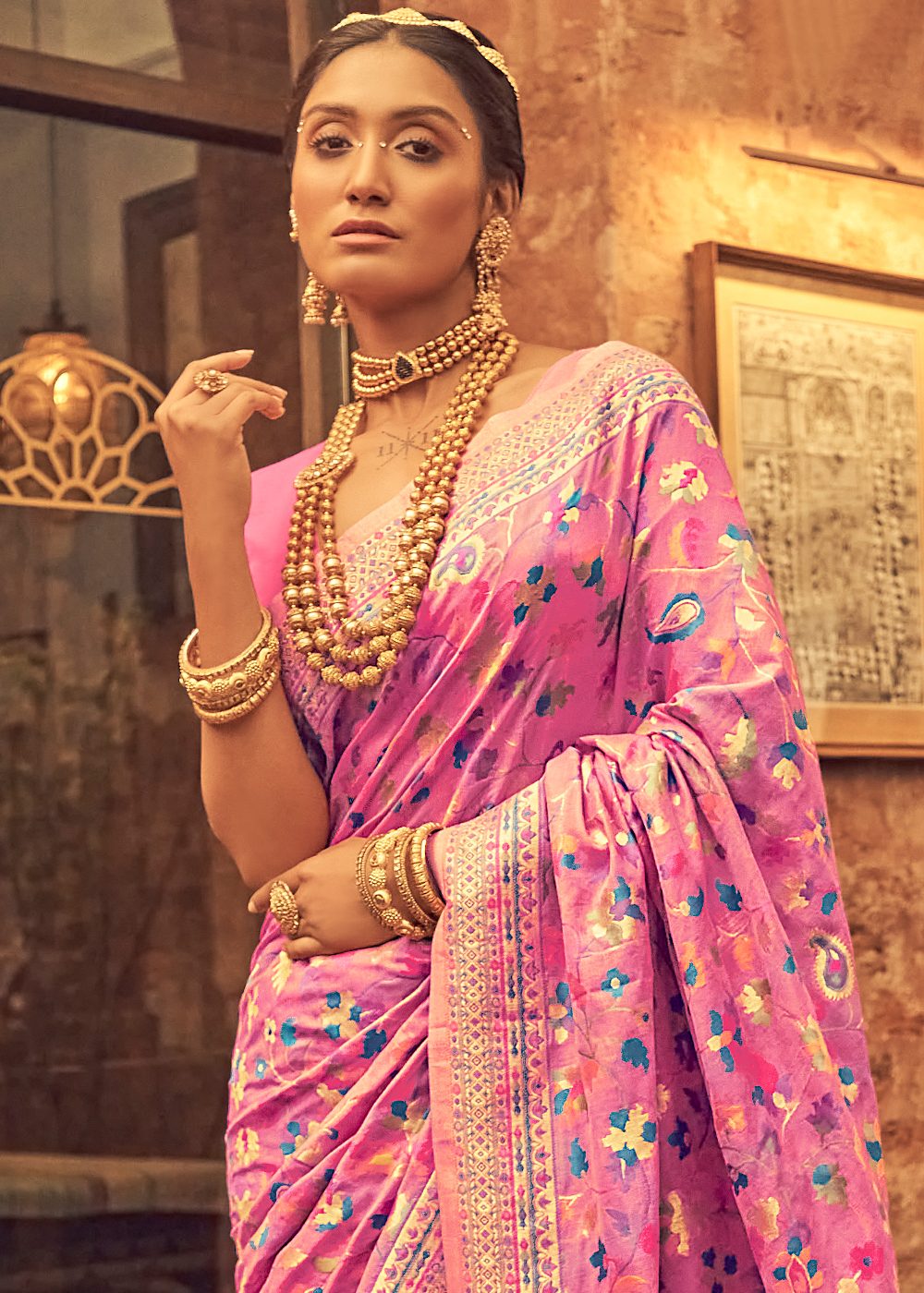 Kashmiri Weaving Multiple color thread weaving pure zari weaving Pink coloured saree