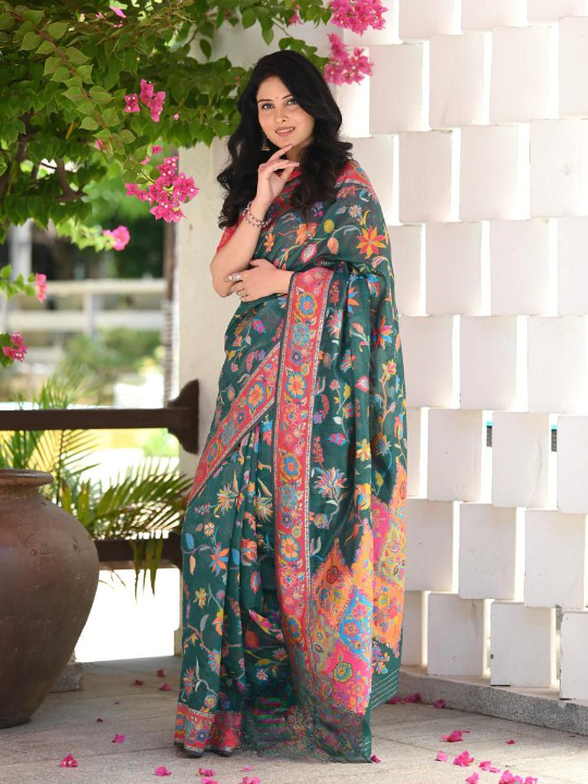 Kashmiri Weaving Multiple color thread weaving pure zari weaving Green coloured saree