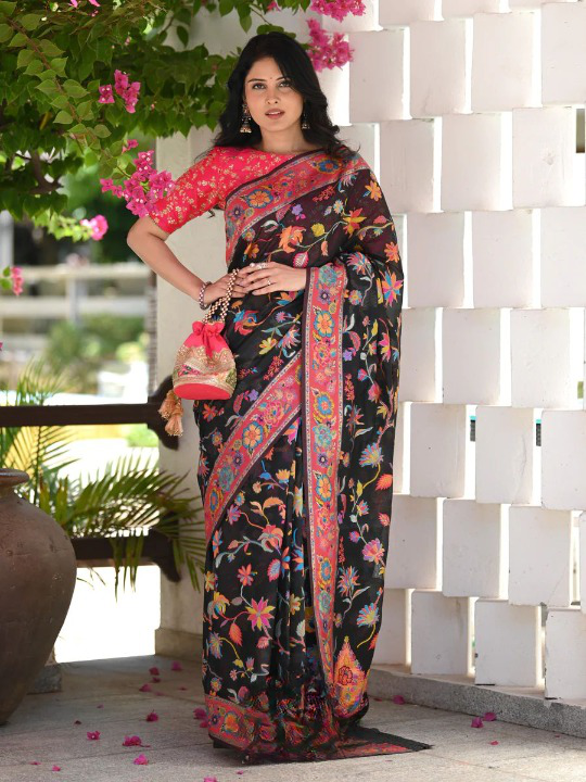Kashmiri Weaving Multiple color thread weaving pure zari weaving black saree
