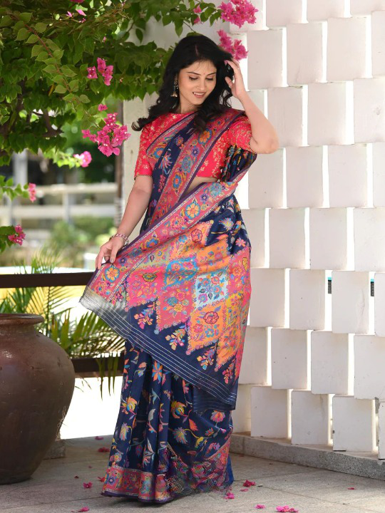 Kashmiri Weaving Multiple color thread weaving pure zari weaving Blue coloured saree