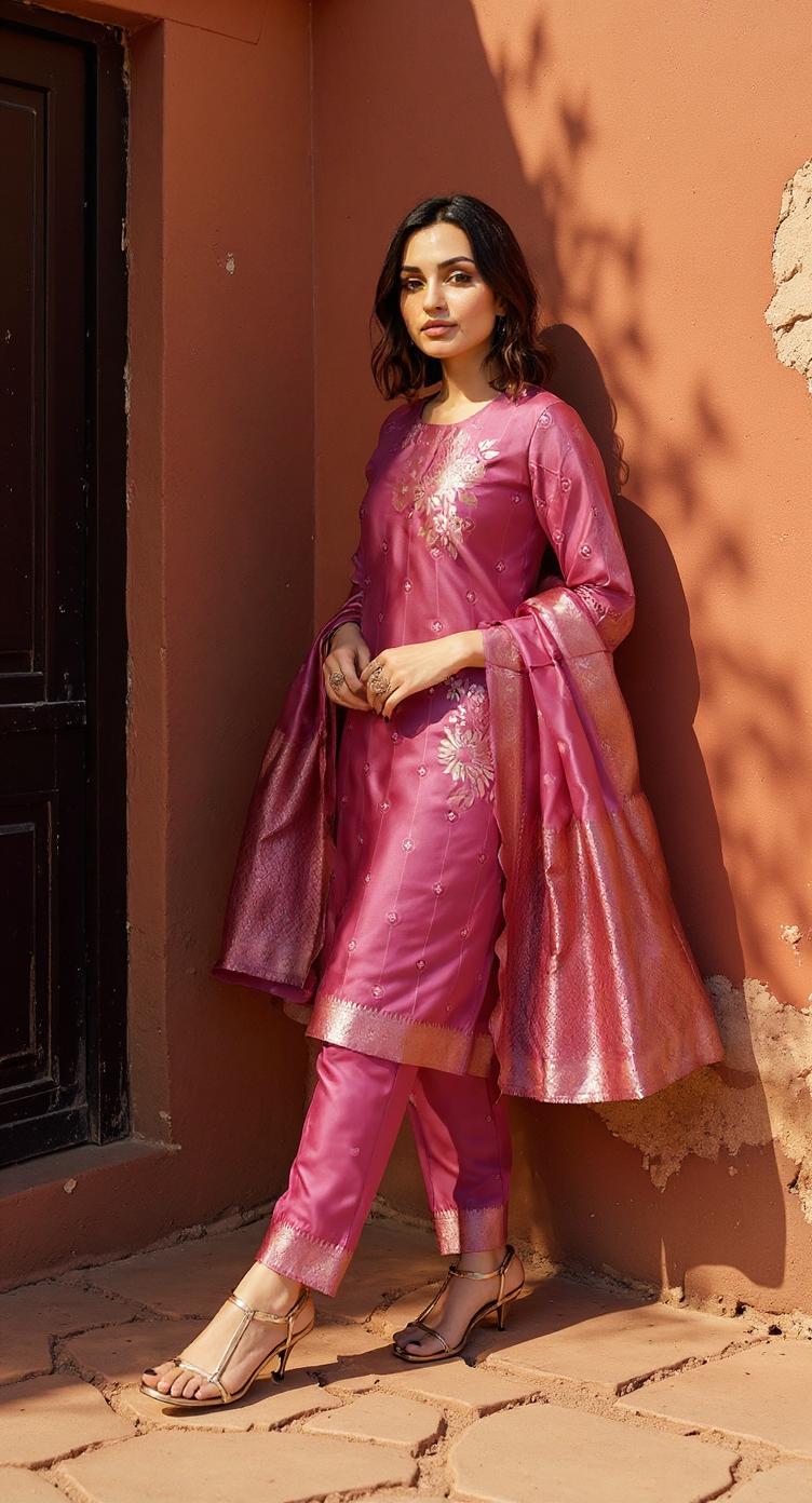 PEACH COLOURED WOMEN'S SILK KURTA WITH DUPATTA SET