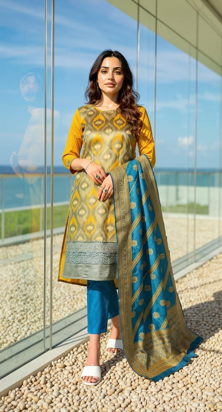 YELLOW COLOURED WOMEN'S POLYSTER KURTA WITH DUPATTA SET