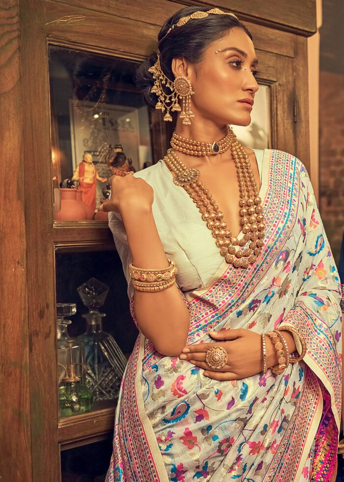 Kashmiri Weaving Multiple color thread weaving pure zari weaving white coloured saree