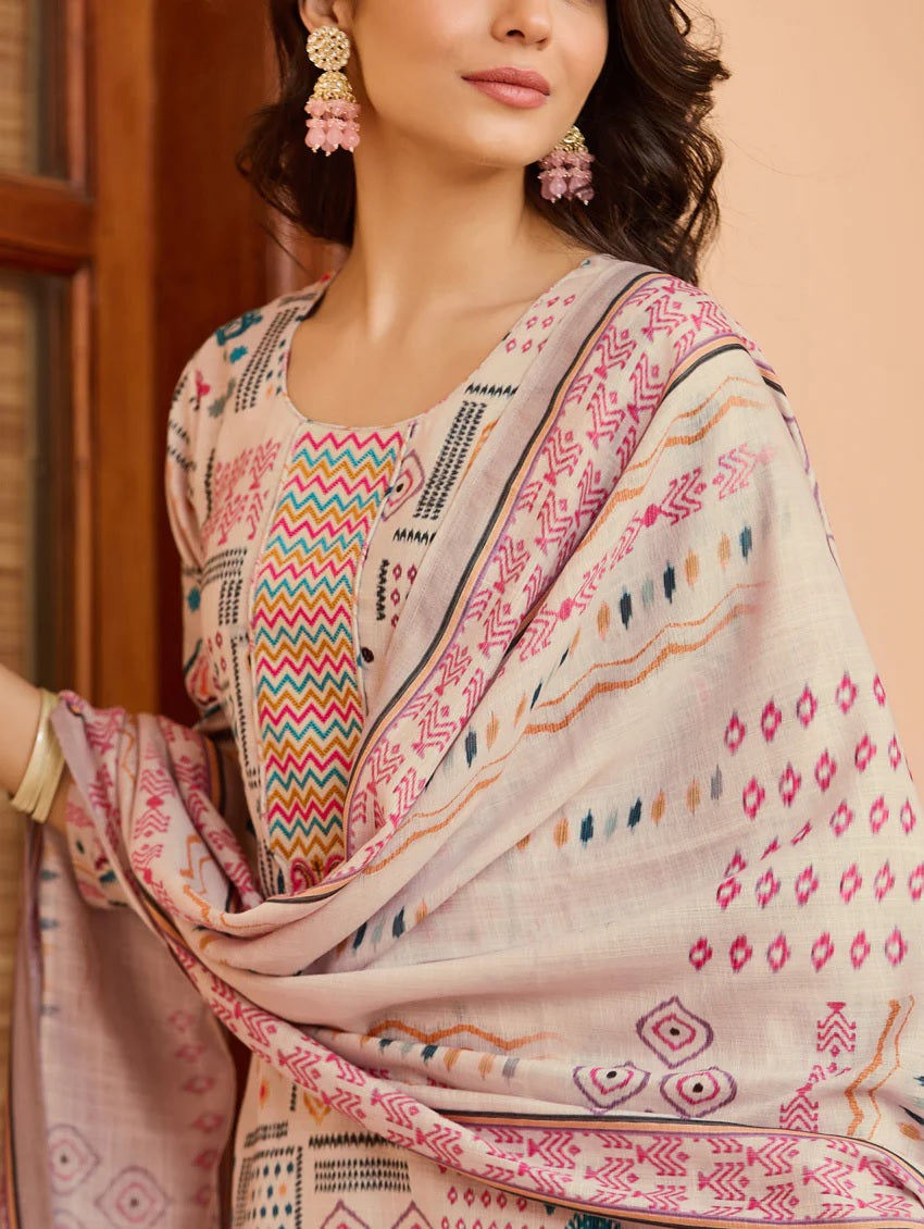 WHITE COLOURED WOMEN'S COTTON EMBROIDERED KURTA WITH PANT DUPATTA SET