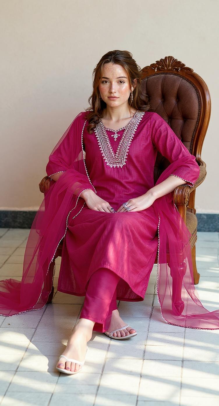 PINK COLOURED WOMEN'S POLYSTER KURTA WITH DUPATTA SET