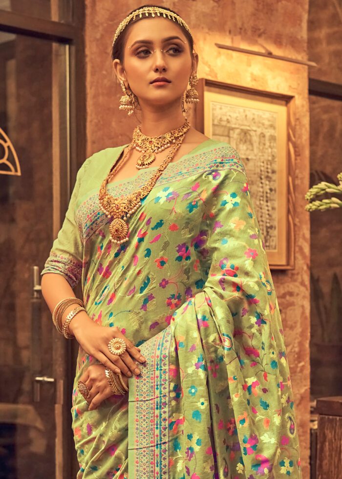 Kashmiri Weaving Multiple color thread weaving pure zari weaving Pista coloured saree