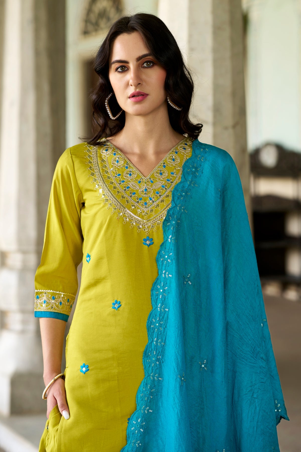 LEMON COLOURED WOMEN'S CHANDERI KURTA WITH DUPATTA SET