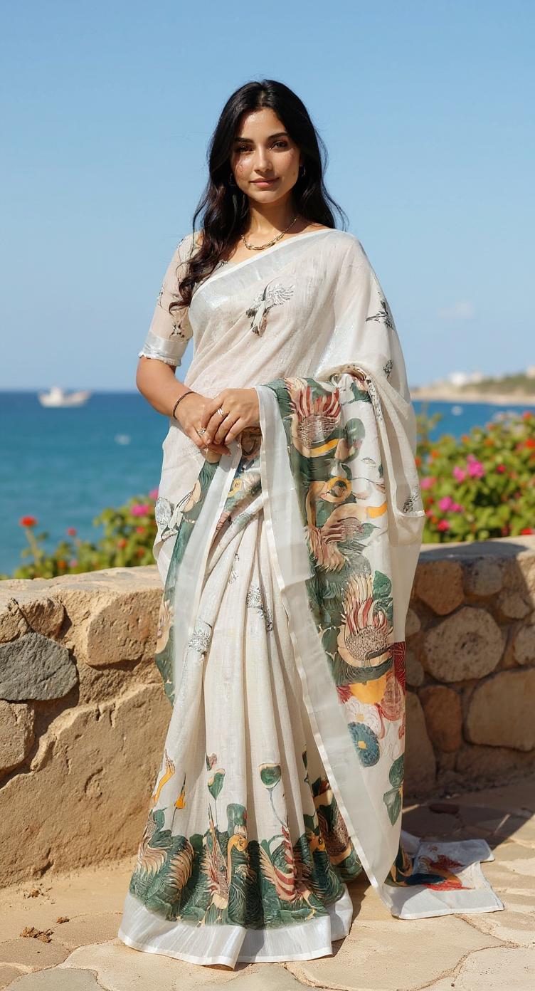 WHITE DIGITAL PRINTED COTTON SAREE