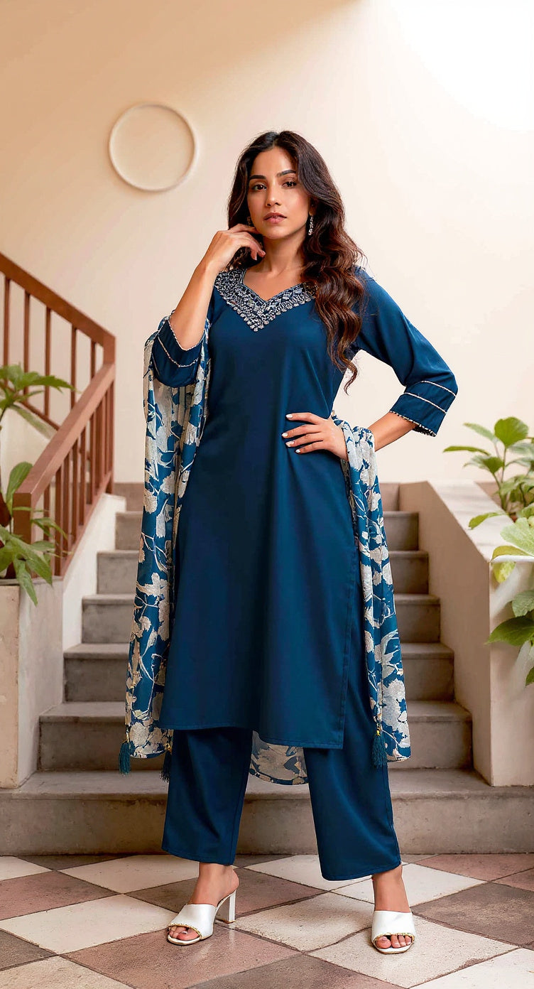 NEVYBLUE COLOURED WOMEN'S VISCOSE RAYON KURTA WITH DUPATTA SET