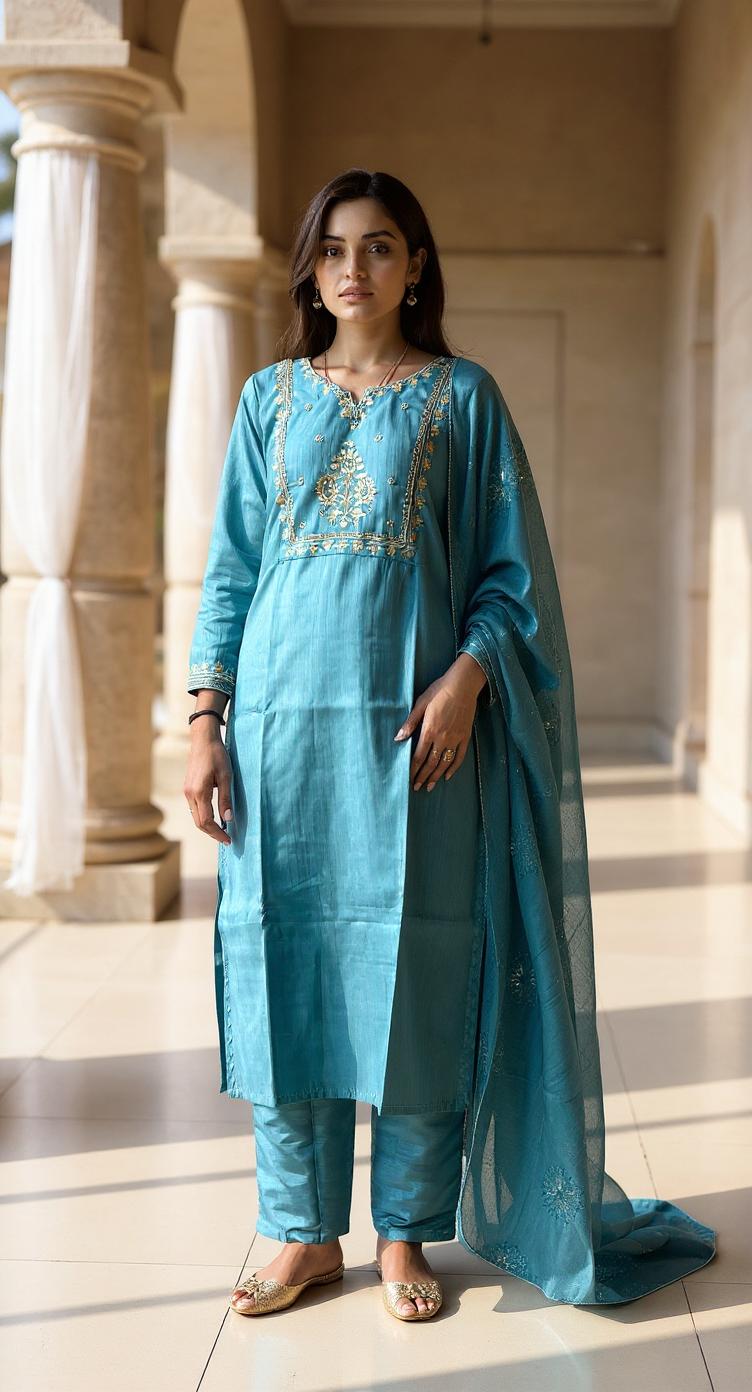 BLUE COLOURED WOMEN'S POLYSTER KURTA WITH DUPATTA SET
