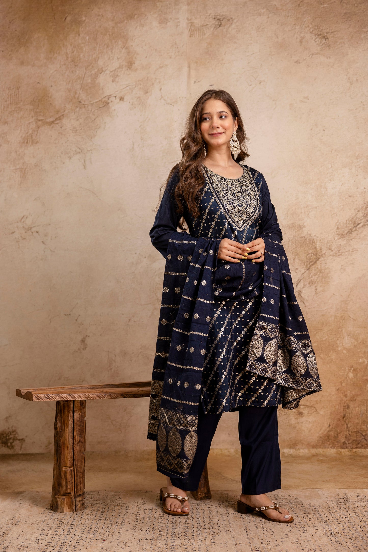NAVY BLUE COLOURED WOMEN'S MASLIN KURTA WITH DUPATTA SET