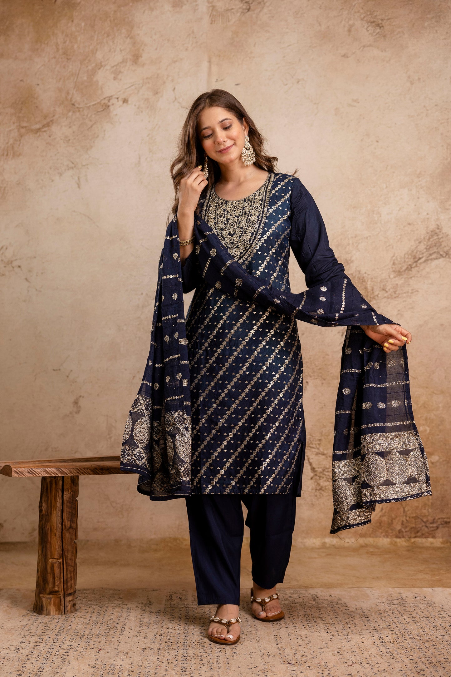 NAVY BLUE COLOURED WOMEN'S MASLIN KURTA WITH DUPATTA SET