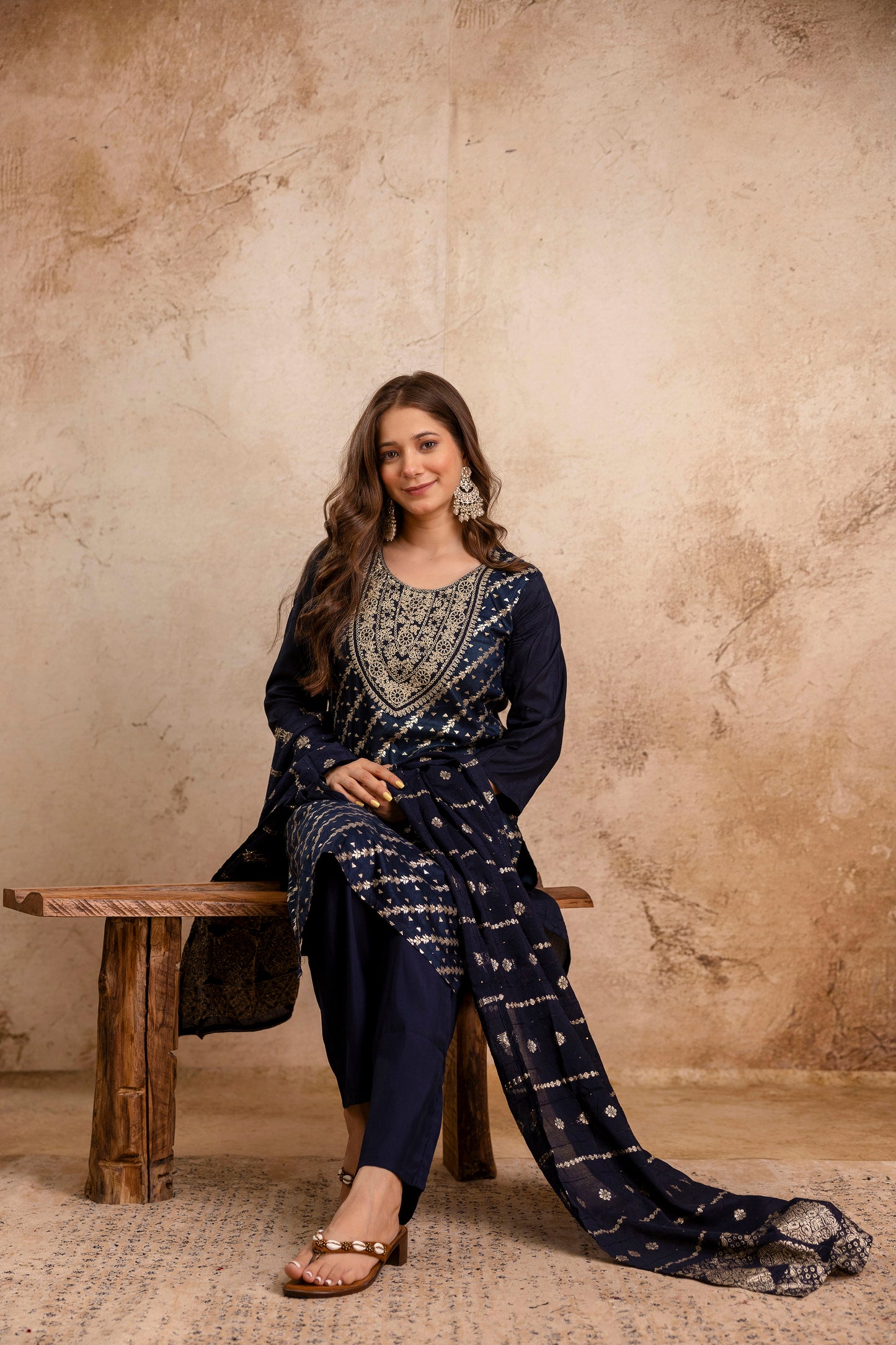 NAVY BLUE COLOURED WOMEN'S MASLIN KURTA WITH DUPATTA SET