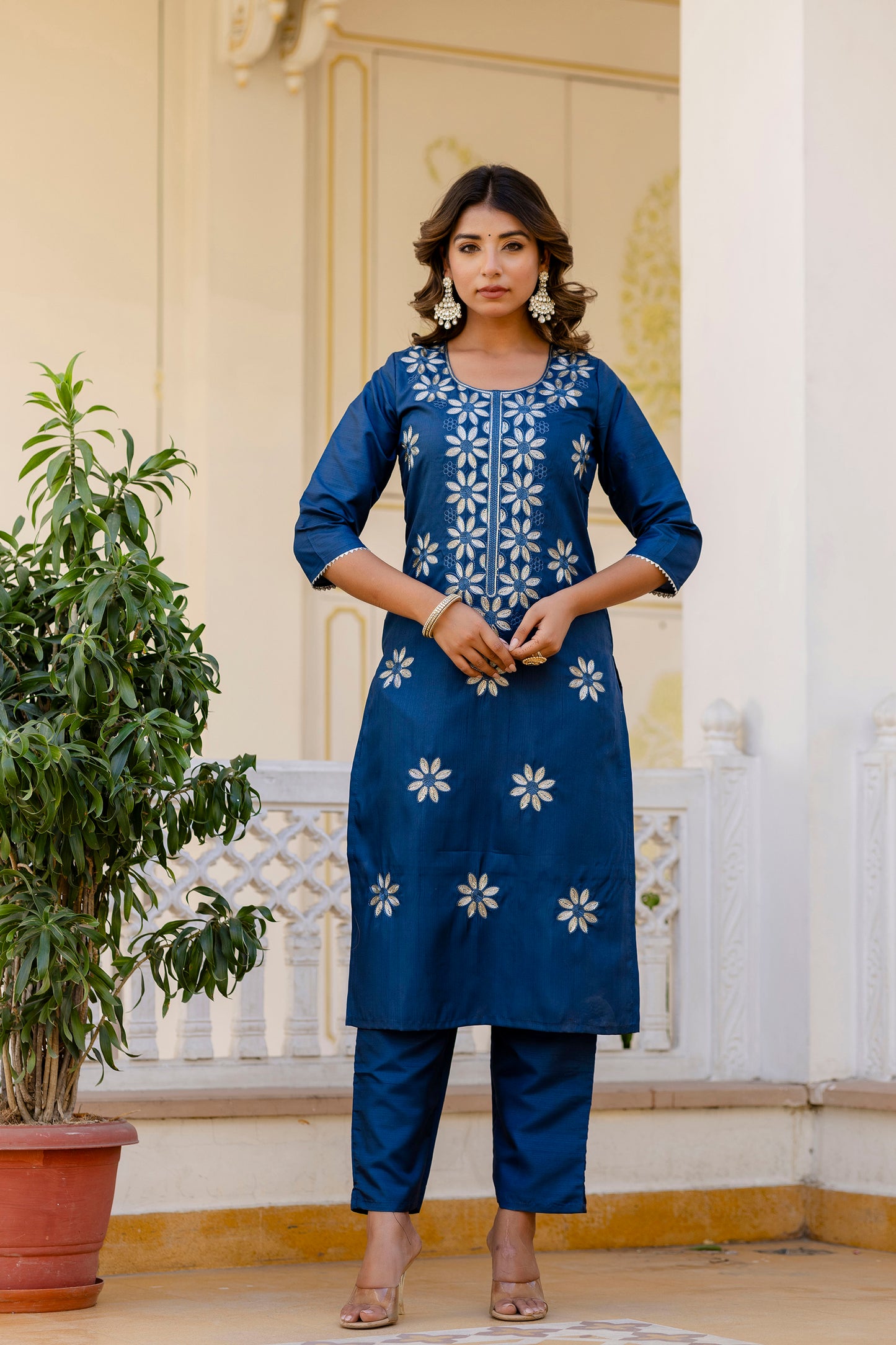 TEAL BLUE COLOURED WOMEN'S PURE SILK KURTA WITH DUPATTA SET