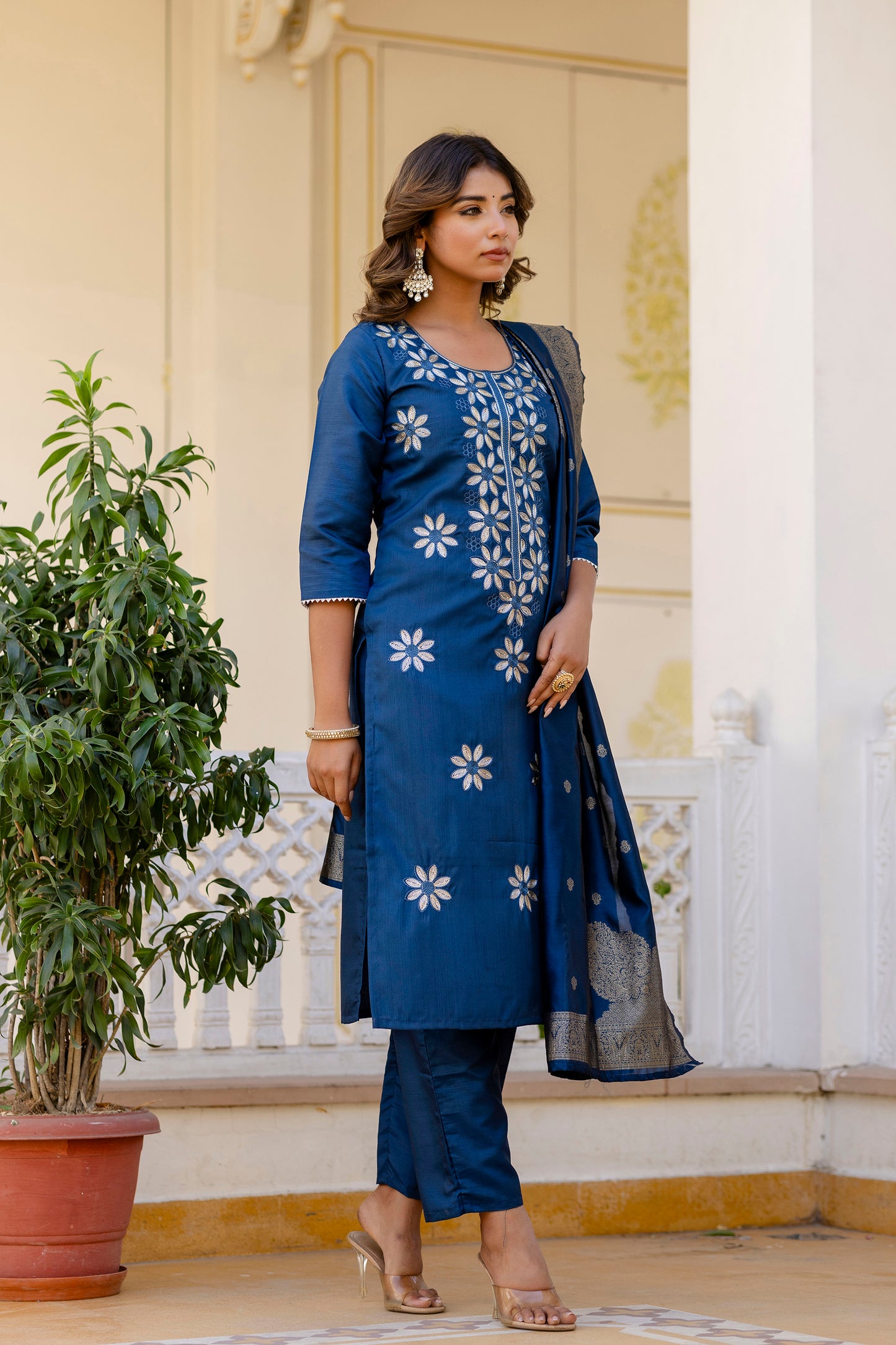 TEAL BLUE COLOURED WOMEN'S PURE SILK KURTA WITH DUPATTA SET