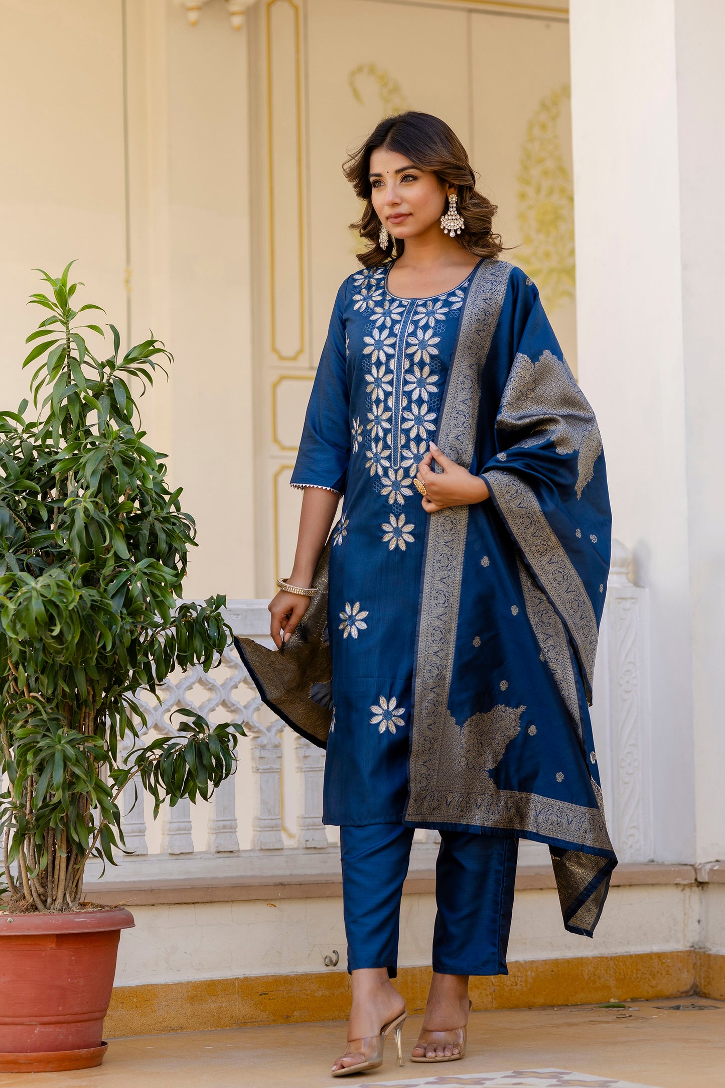 TEAL BLUE COLOURED WOMEN'S PURE SILK KURTA WITH DUPATTA SET