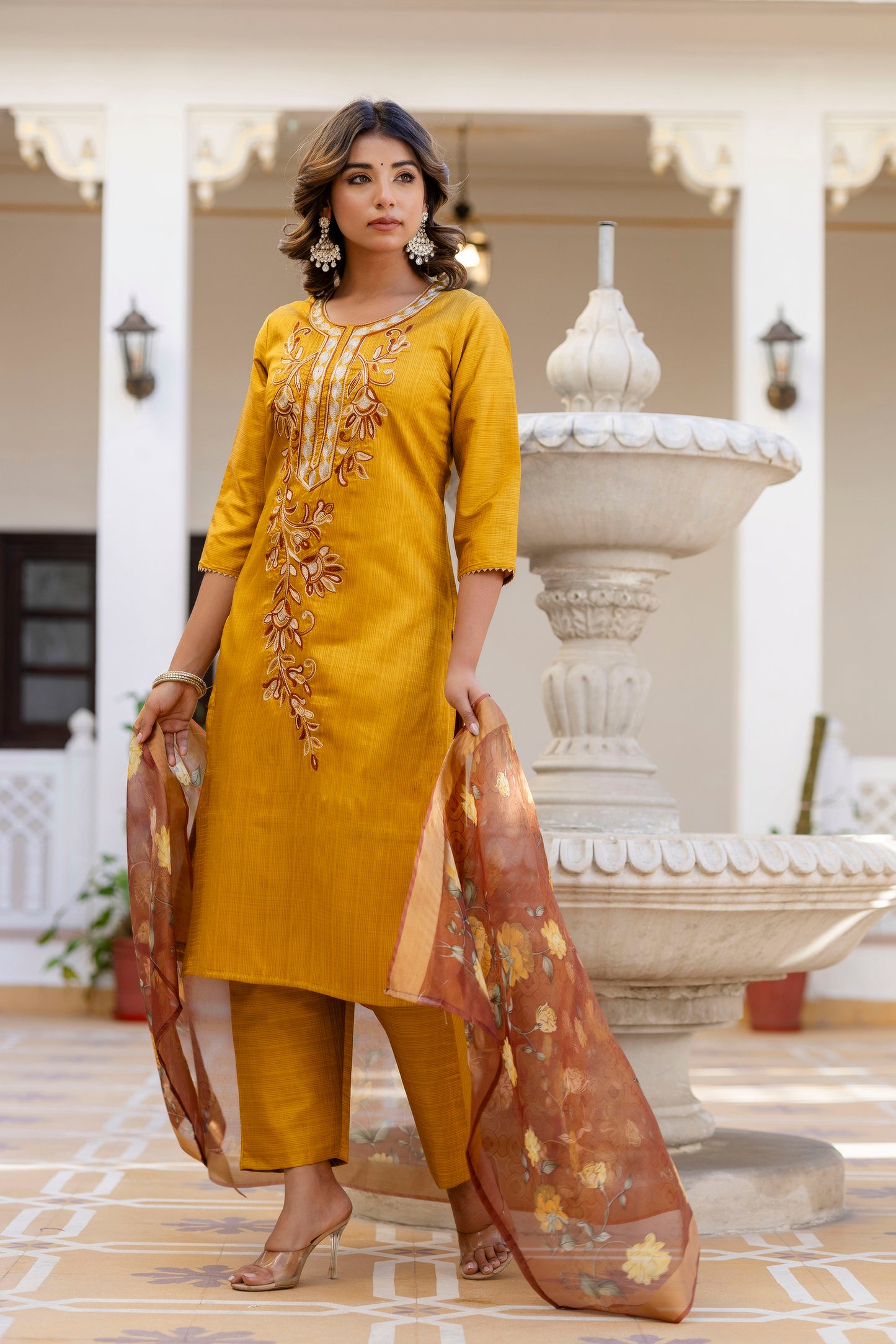 YELLOW COLOURED WOMEN'S P0LYSTER KURTA WITH DUPATTA SET