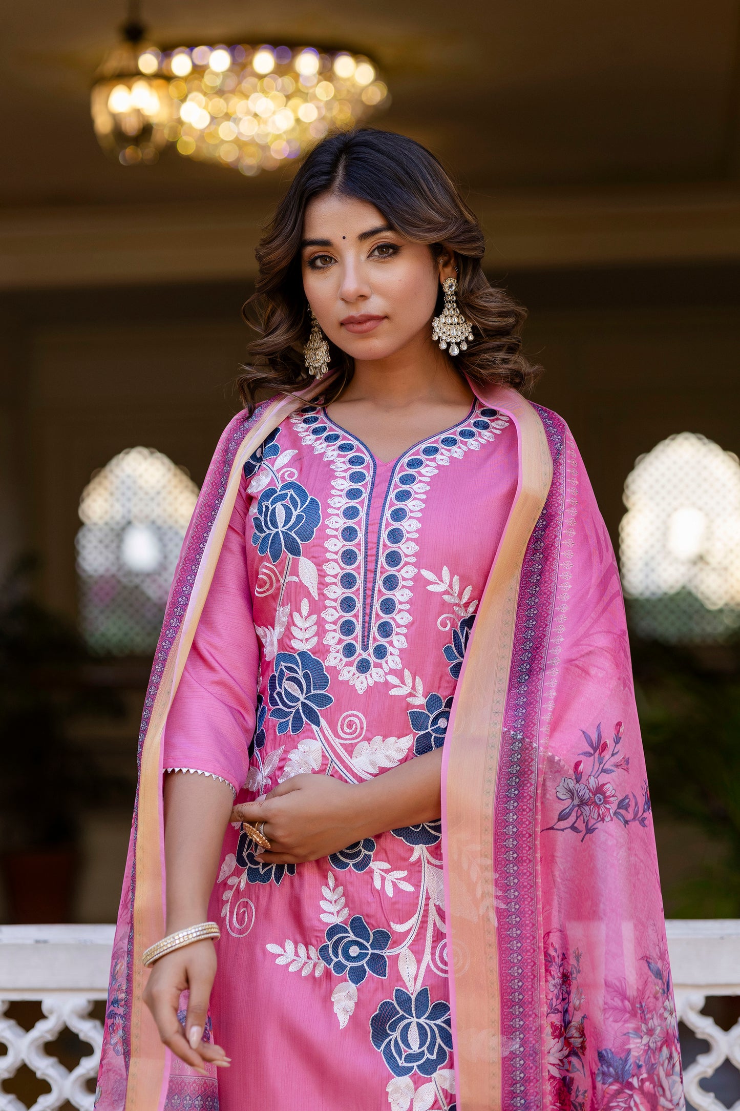 PINK COLOURED WOMEN'S P0LYSTER KURTA WITH DUPATTA SET
