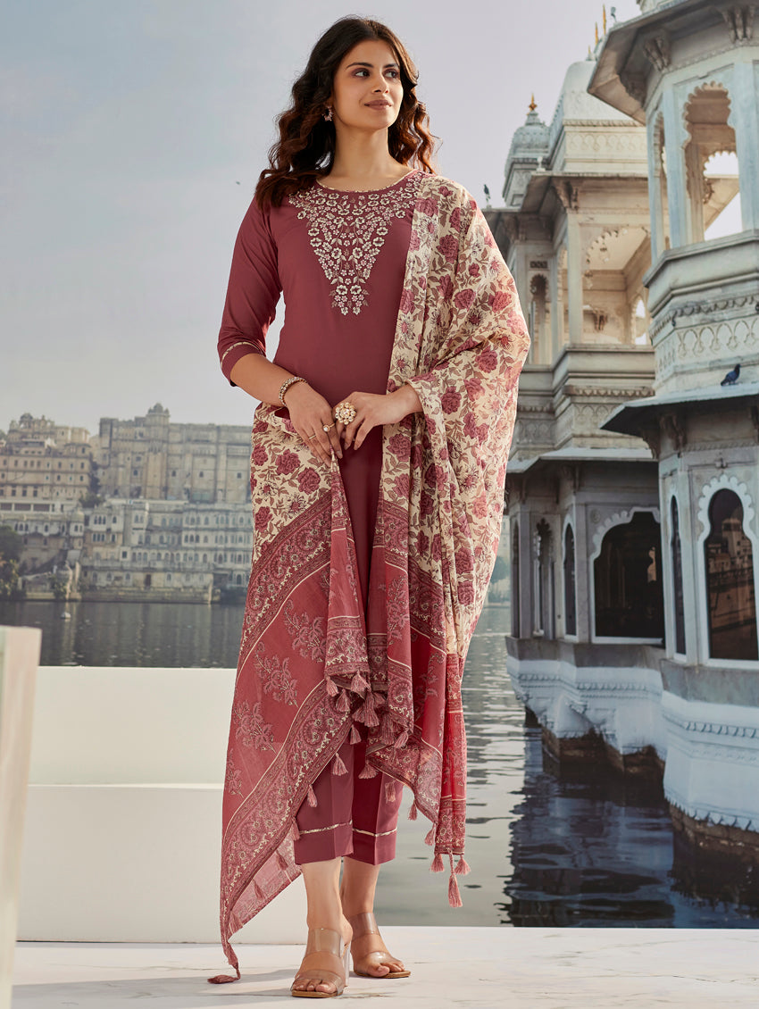 BROWN COLOURED WOMEN'S COTTON SILK KURTA WITH PANT DUPATTA SET