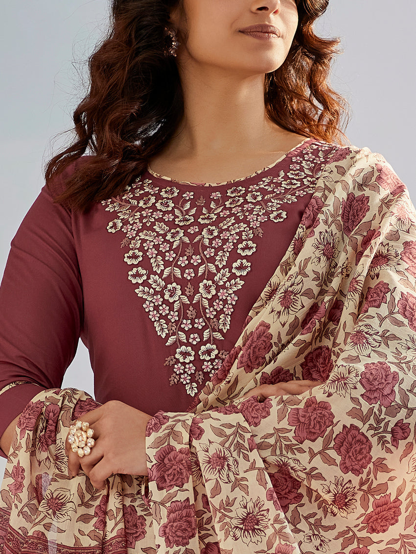 BROWN COLOURED WOMEN'S COTTON SILK KURTA WITH PANT DUPATTA SET