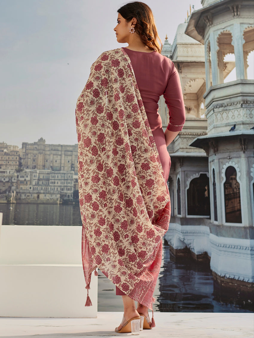 BROWN COLOURED WOMEN'S COTTON SILK KURTA WITH PANT DUPATTA SET