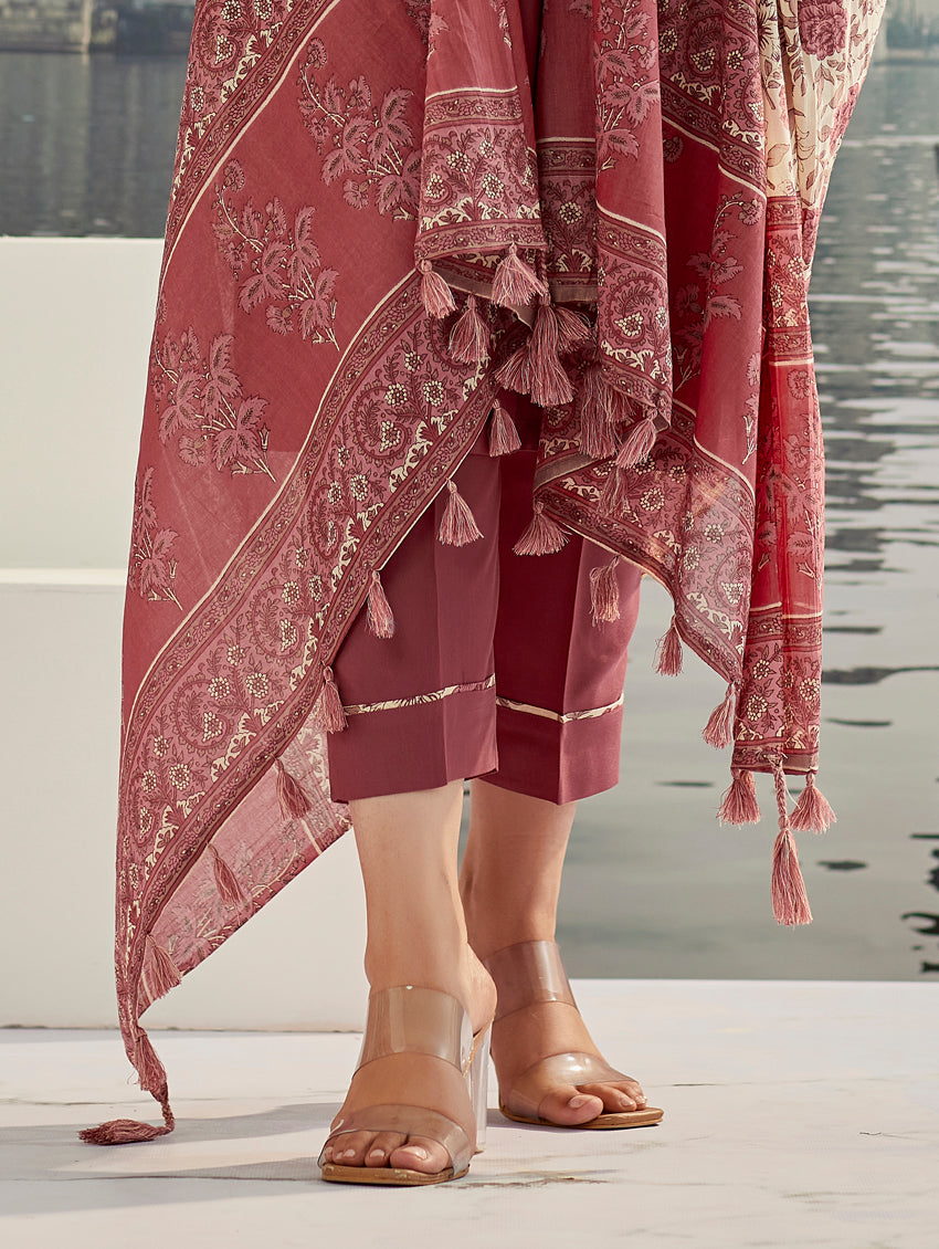 BROWN COLOURED WOMEN'S COTTON SILK KURTA WITH PANT DUPATTA SET