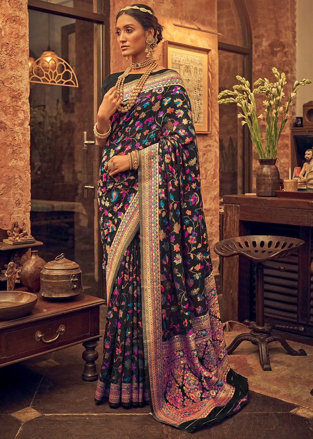 Kashmiri Weaving Multiple color thread weaving pure zari weaving black coloured saree