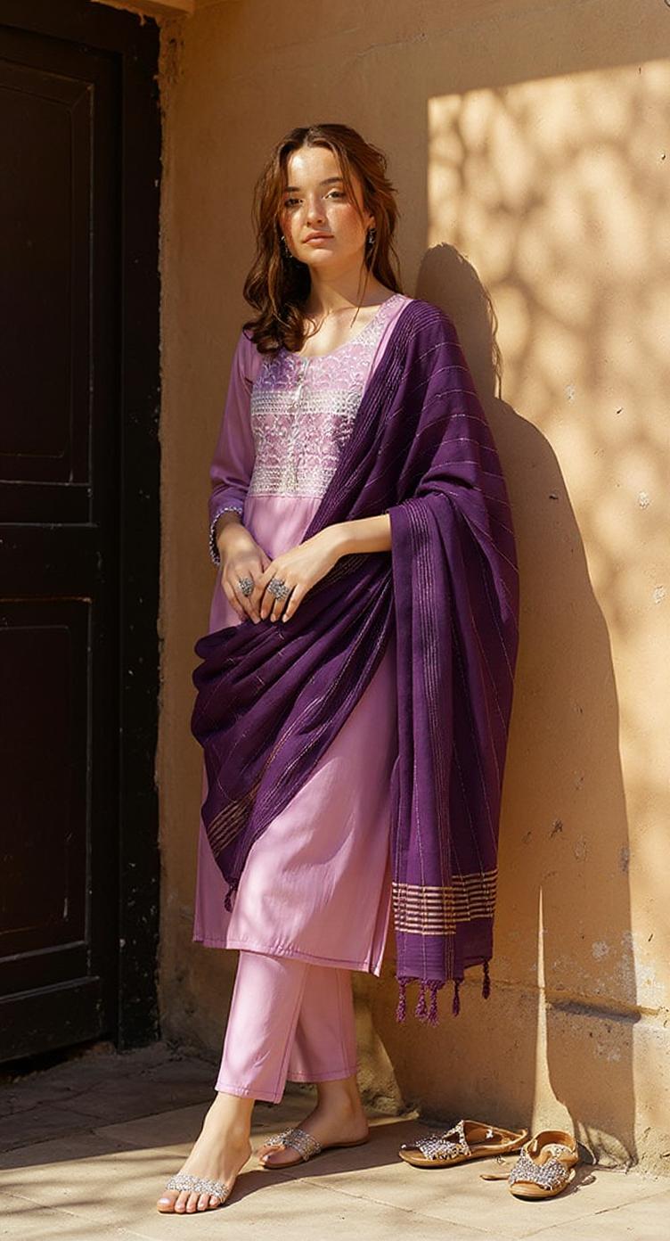 LAVENDER COLOURED WOMEN'S POLYSETER KURTA WITH DUPATTA SET