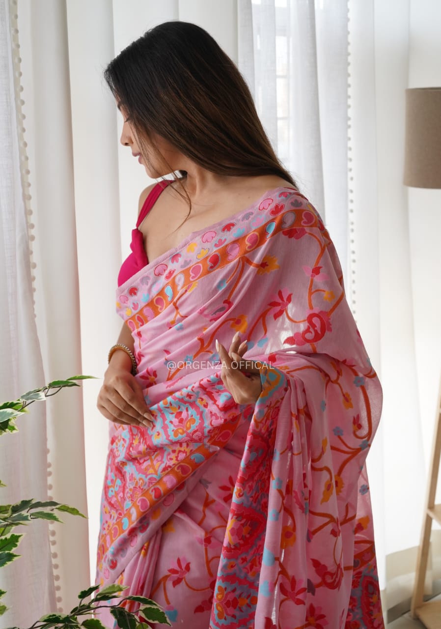 KASHMIRI WEAVING MULTIPLE COLOR THREAD WEAVING PURE ZARI WEAVING PINK